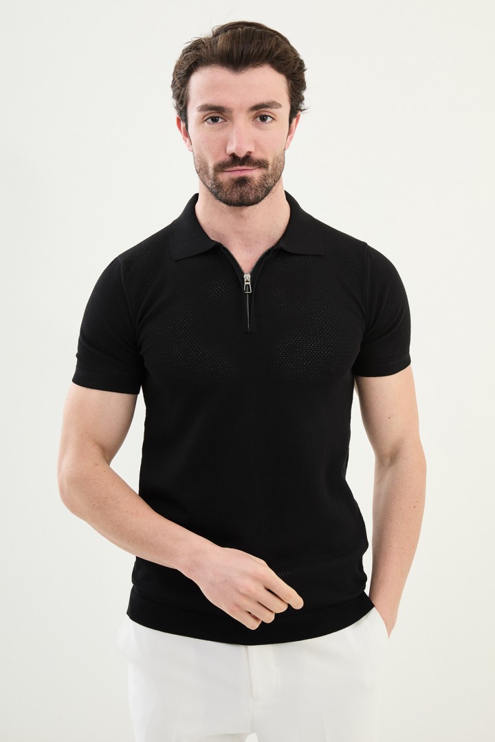 Black Color Zippered Design Casual Men's Knit Tshirt