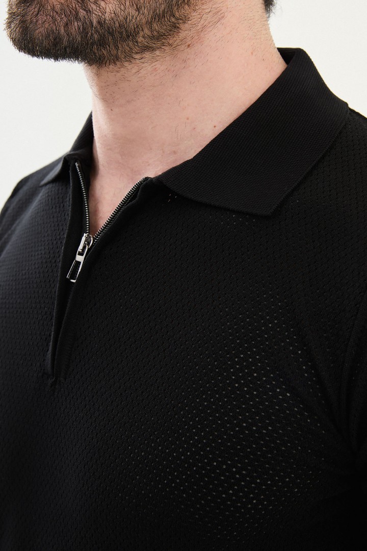 Black Color Zippered Design Casual Men's Knit Tshirt