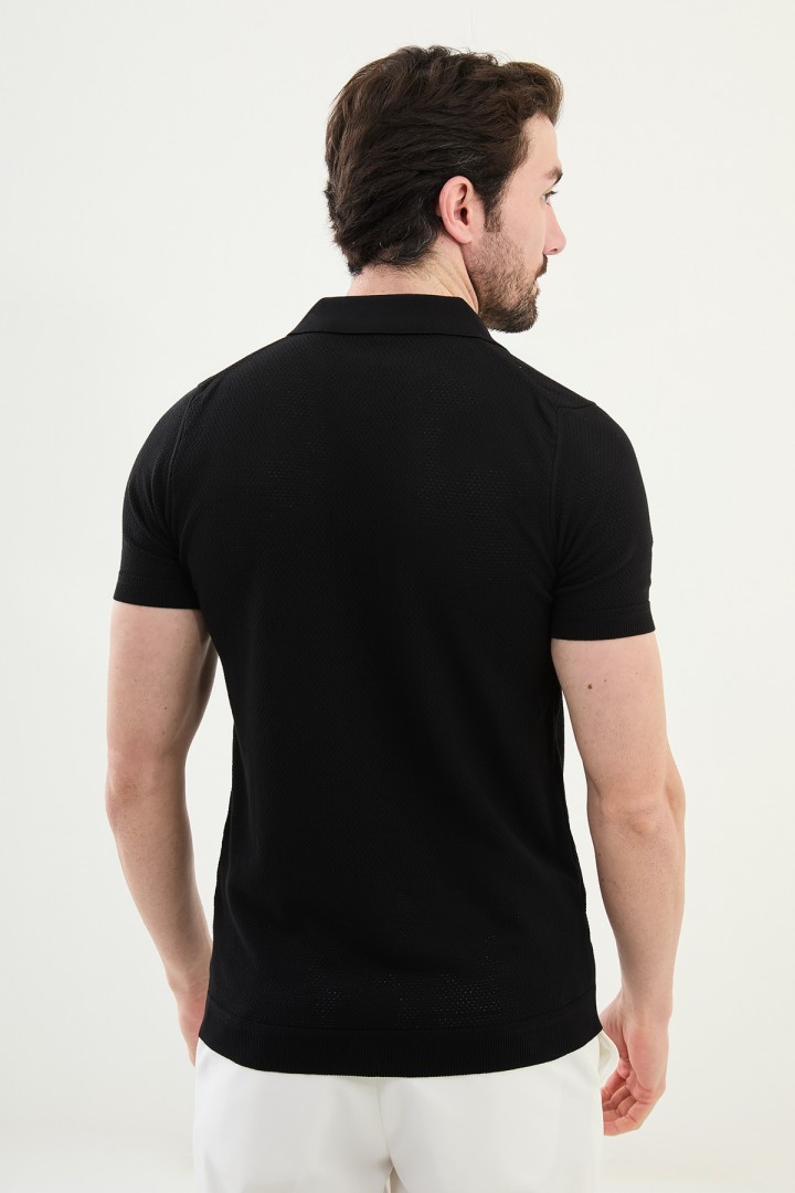 Black Color Zippered Design Casual Men's Knit Tshirt