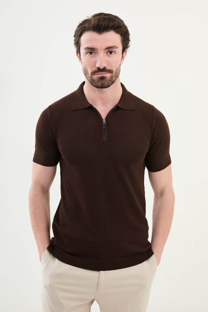 Brown Color Zippered Design Casual Men's Knit Tshirt
