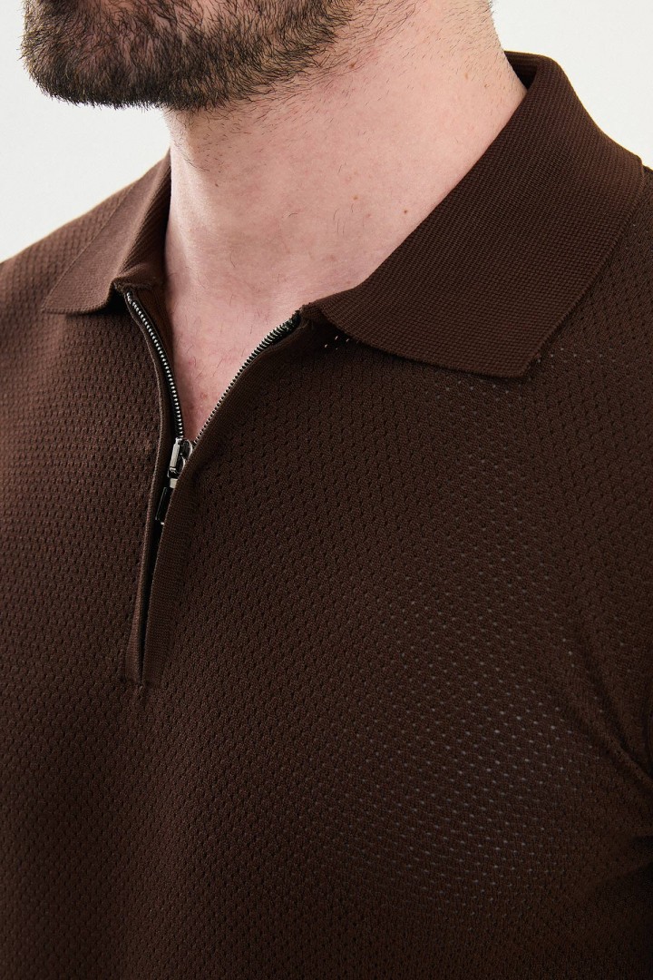 Brown Color Zippered Design Casual Men's Knit Tshirt