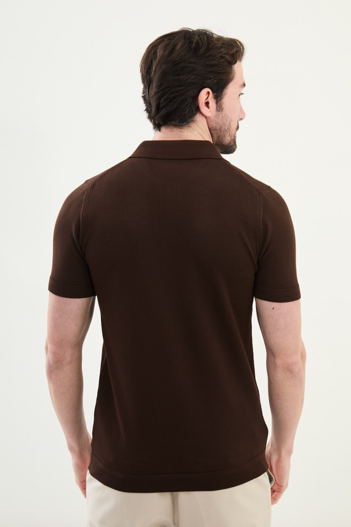 Brown Color Zippered Design Casual Men's Knit Tshirt