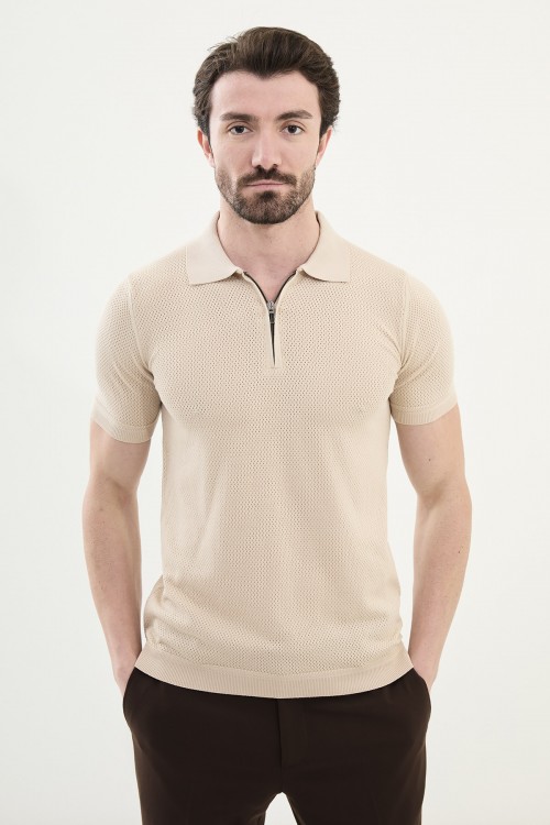 Beige Color Zippered Design Casual Men's Knit Tshirt