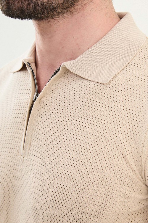 Beige Color Zippered Design Casual Men's Knit Tshirt
