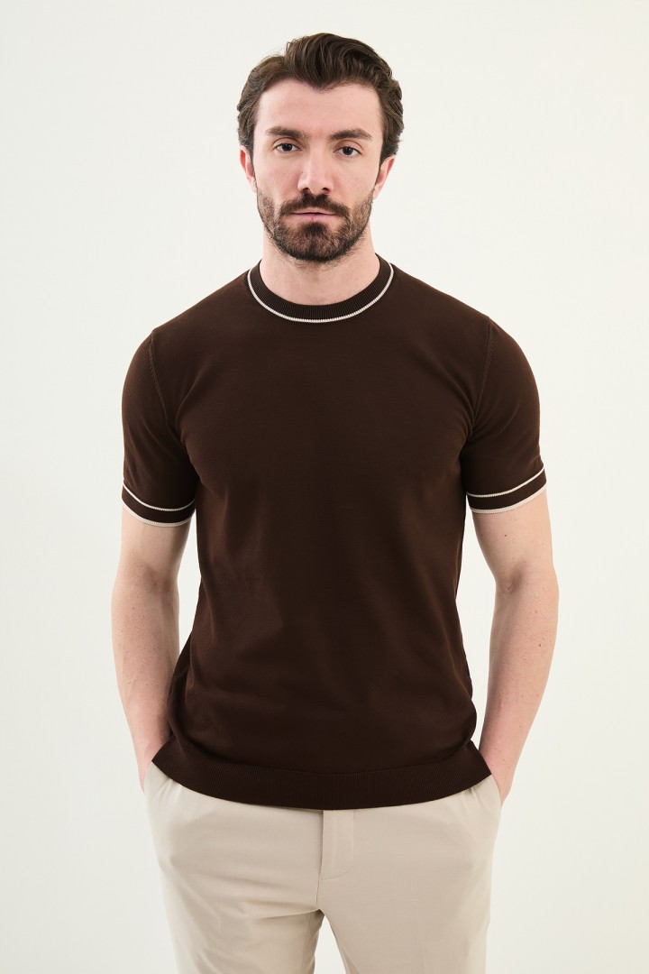 Brown And Beige Color Casual Men's Knit Tshirt