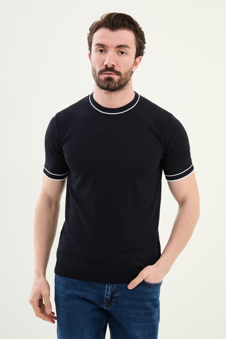 Dark Blue And White Color Casual Men's Knit Tshirt