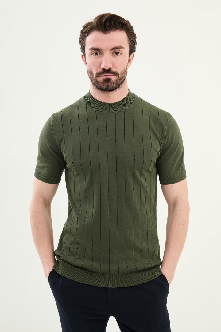 Khaki Color Crew Neck Stripe Casual Men's Knit T Shirt