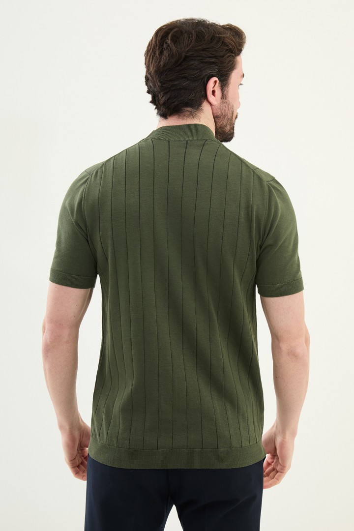Khaki Color Crew Neck Stripe Casual Men's Knit T Shirt