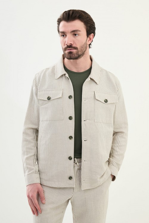 Khaki Color Striped Design Casual Men's Linen Jacket