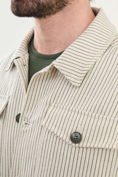 Khaki Color Striped Design Casual Men's Linen Jacket