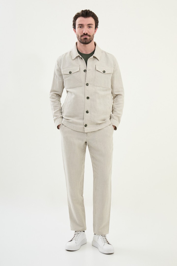 Khaki Color Striped Design Casual Men's Linen Jacket