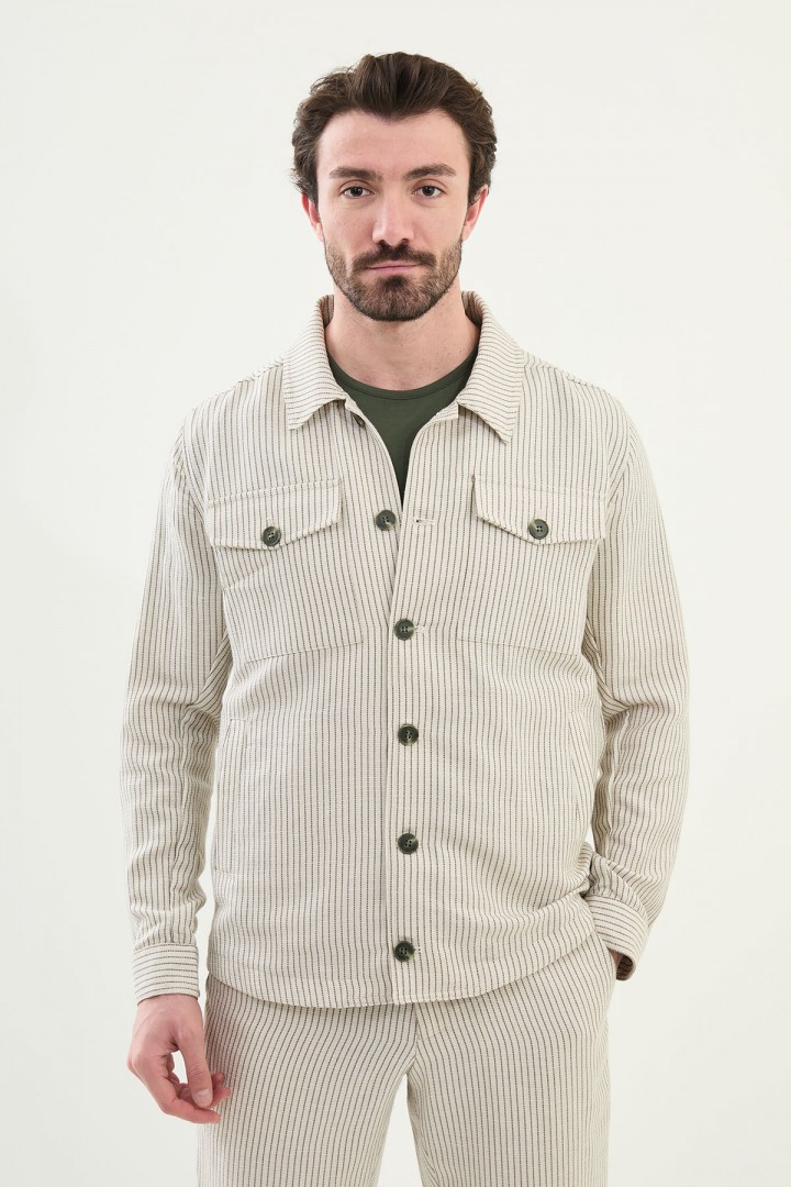 Khaki Color Striped Design Casual Men's Linen Jacket