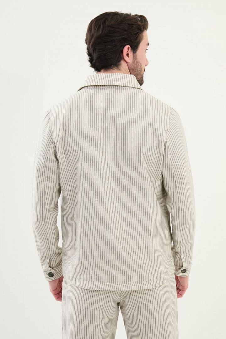 Khaki Color Striped Design Casual Men's Linen Jacket
