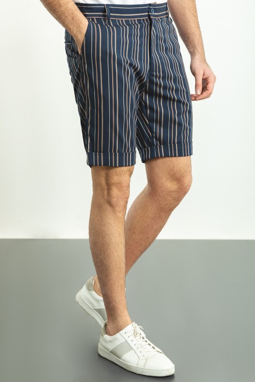 Dark Blue And Camel Color Striped Design Casual Cotton Men's Short