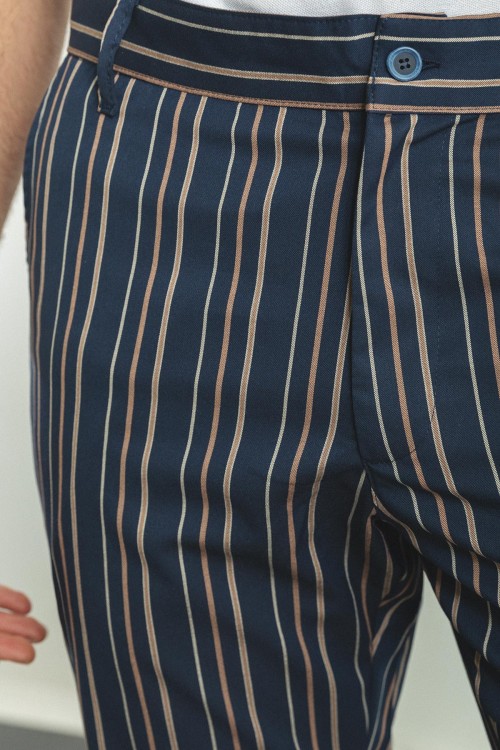 Dark Blue And Camel Color Striped Design Casual Cotton Men's Short