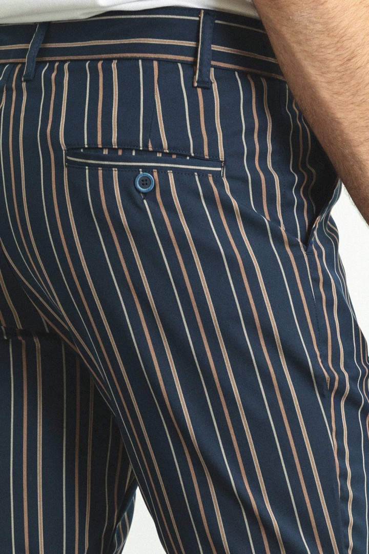 Dark Blue And Camel Color Striped Design Casual Cotton Men's Short