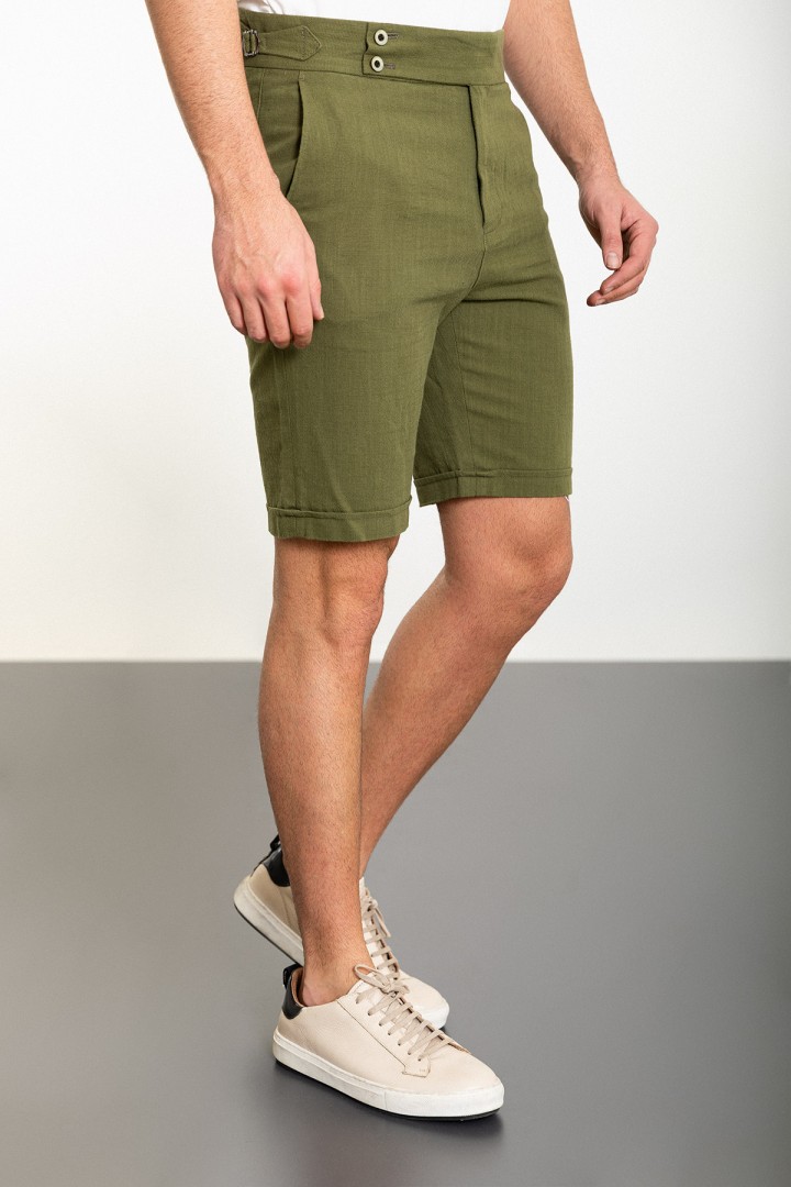 Khaki Color Belted Design Casual Linen Men's Short