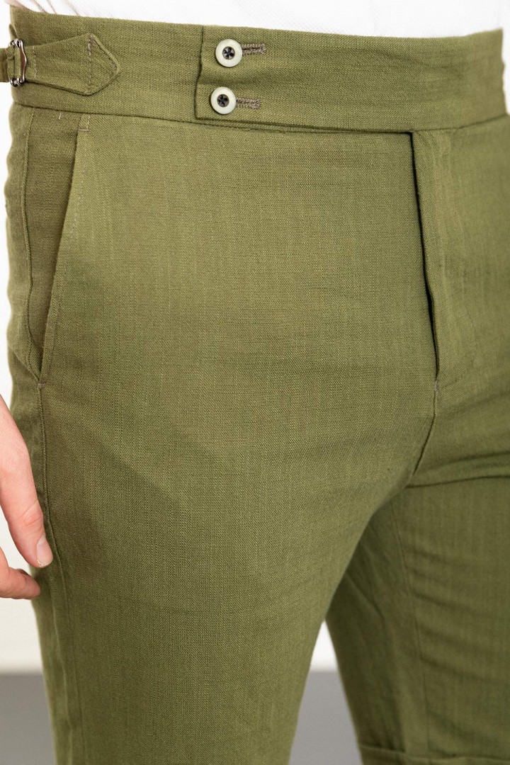 Khaki Color Belted Design Casual Linen Men's Short