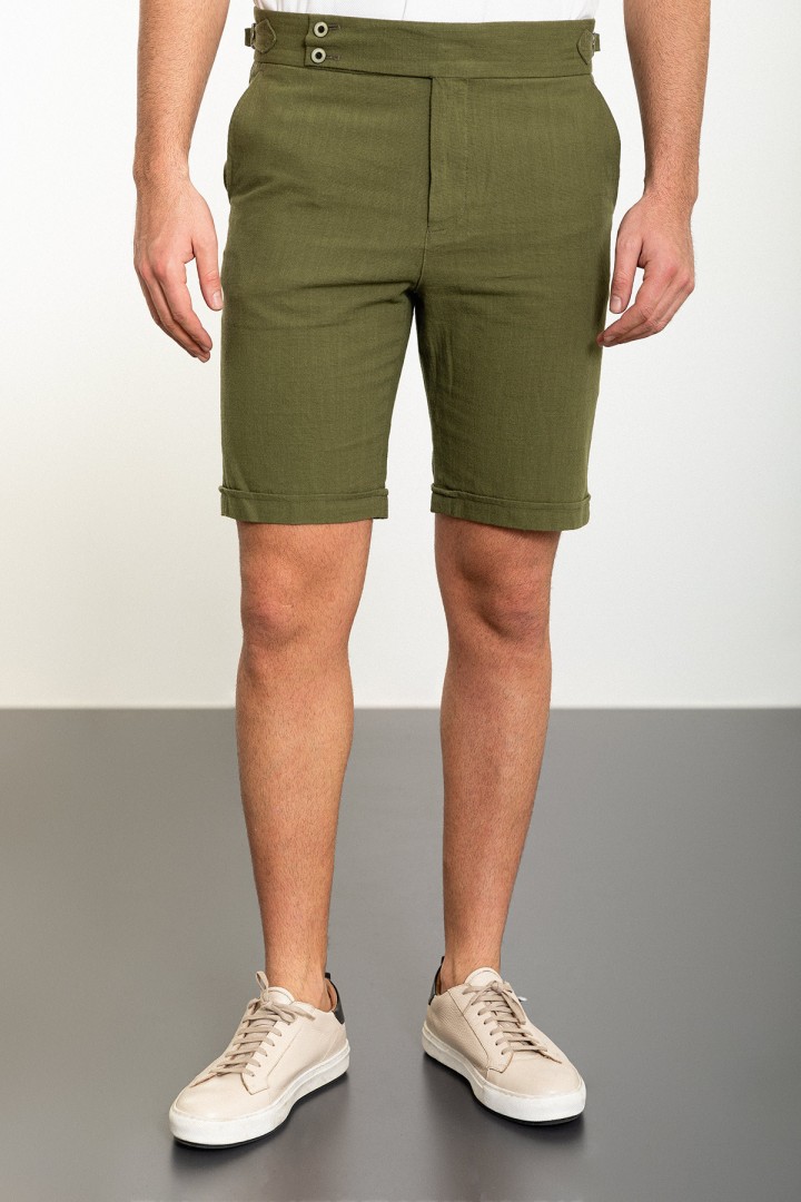 Khaki Color Belted Design Casual Linen Men's Short