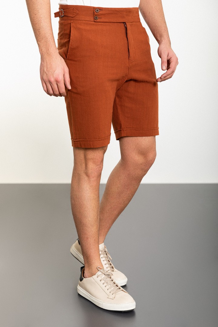 Tile Color Belted Design Casual Linen Men's Short