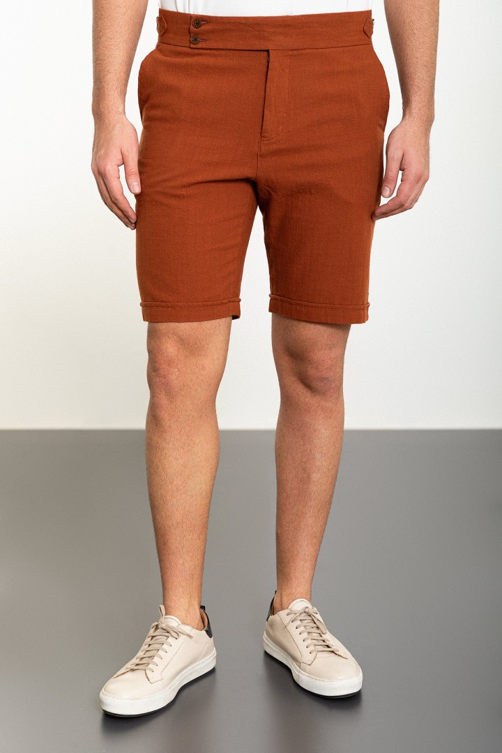 Tile Color Belted Design Casual Linen Men's Short