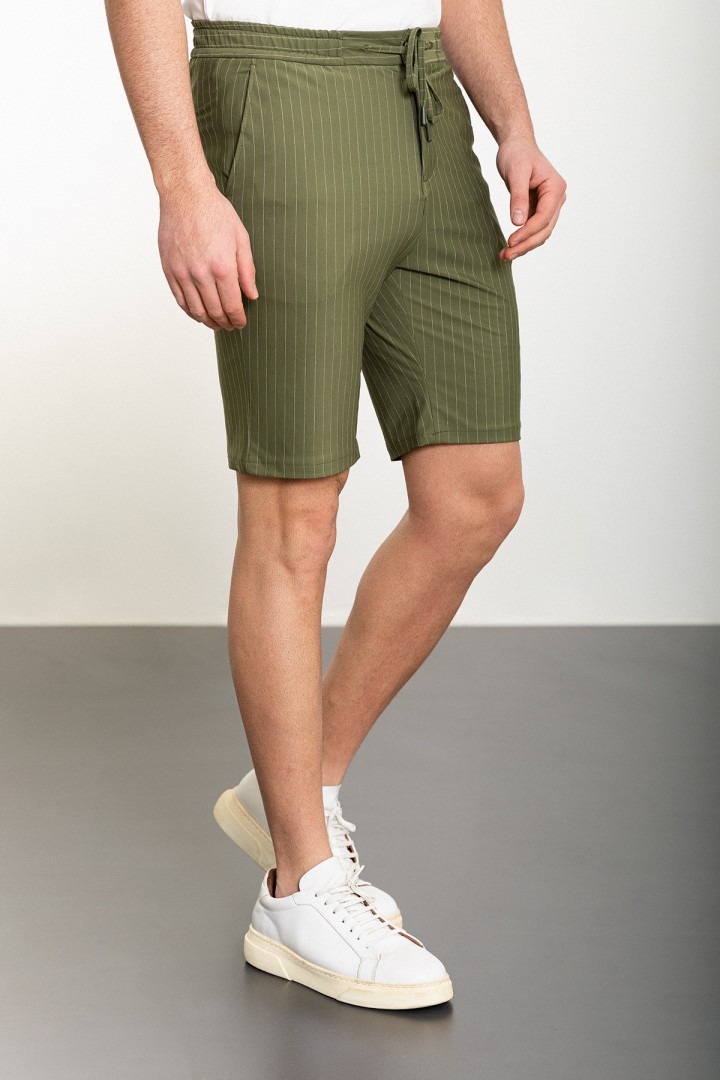 Khaki Color Striped And Drawstring Design Casual Men's Short