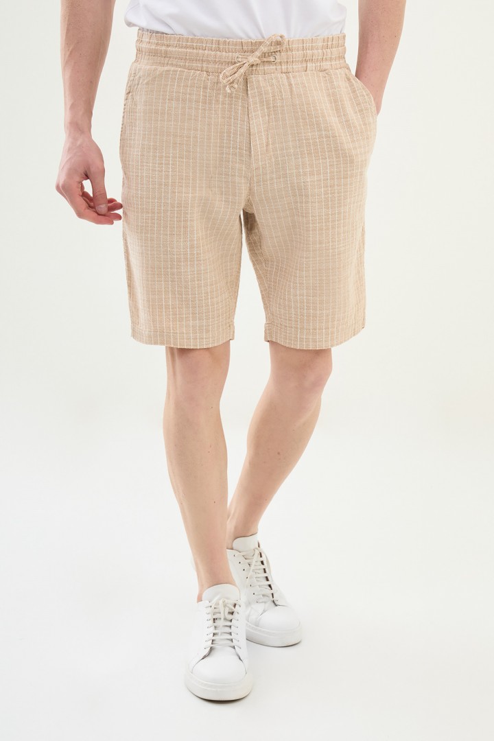 Beige Color Casual Men's Striped Cotton Short