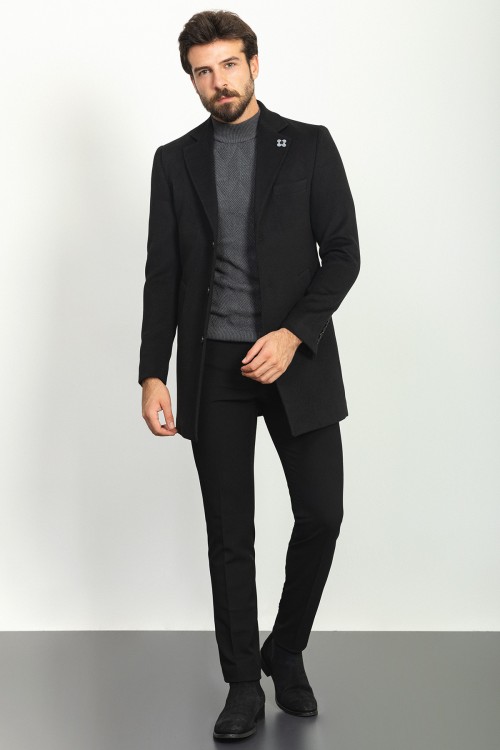 Black Color Wool And Acrylic With Flap Pocket Design Classic Men's Overcoat