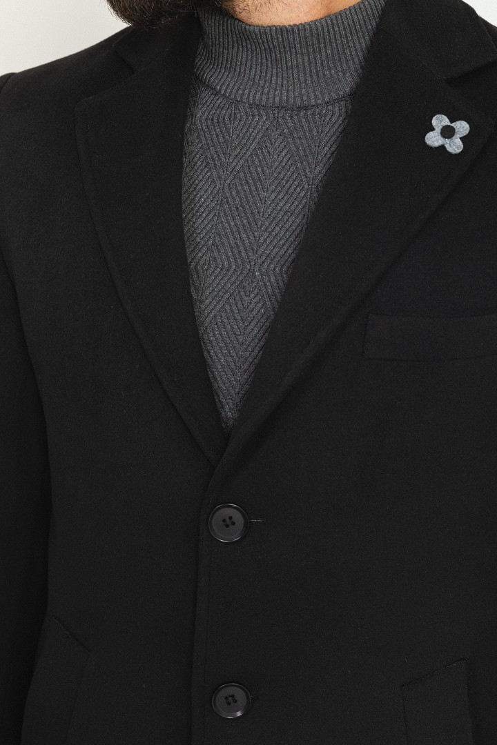 Black Color Wool And Acrylic With Flap Pocket Design Classic Men's Overcoat