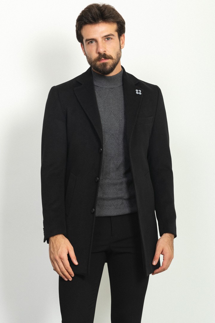 Black Color Wool And Acrylic With Flap Pocket Design Classic Men's Overcoat