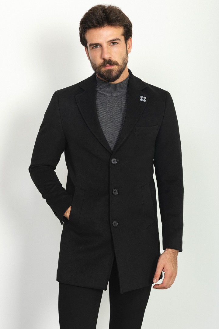 Black Color Wool And Acrylic With Flap Pocket Design Classic Men's Overcoat
