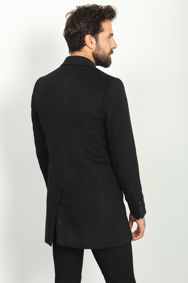 Black Color Wool And Acrylic With Flap Pocket Design Classic Men's Overcoat
