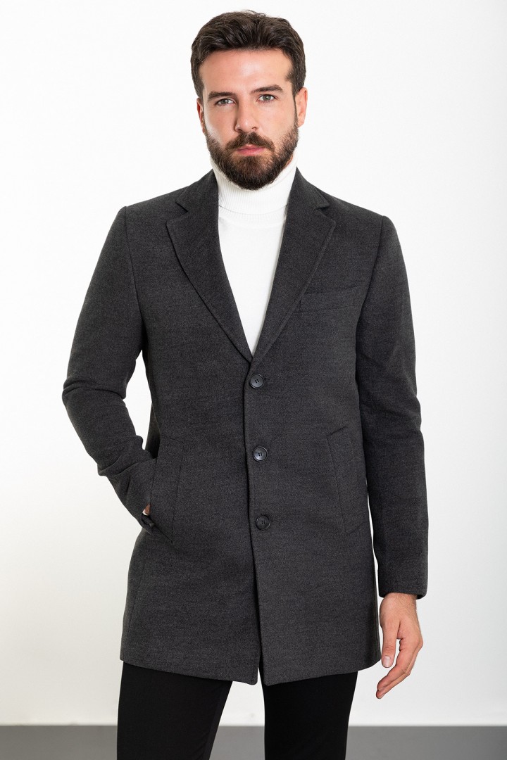 Anthracite Color Wool And Acrylic Fabric Flap Pocket Design Classic Men's Overcoat
