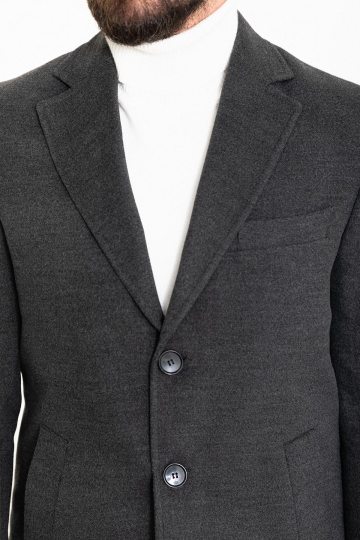 Anthracite Color Wool And Acrylic Fabric Flap Pocket Design Classic Men's Overcoat