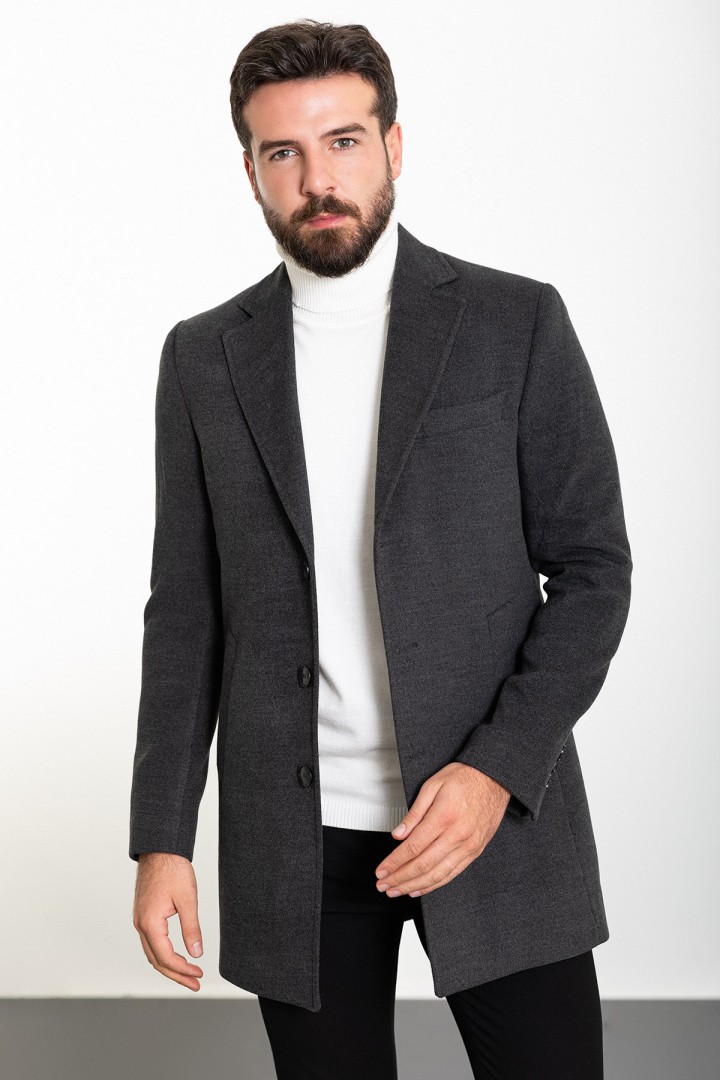 Anthracite Color Wool And Acrylic Fabric Flap Pocket Design Classic Men's Overcoat