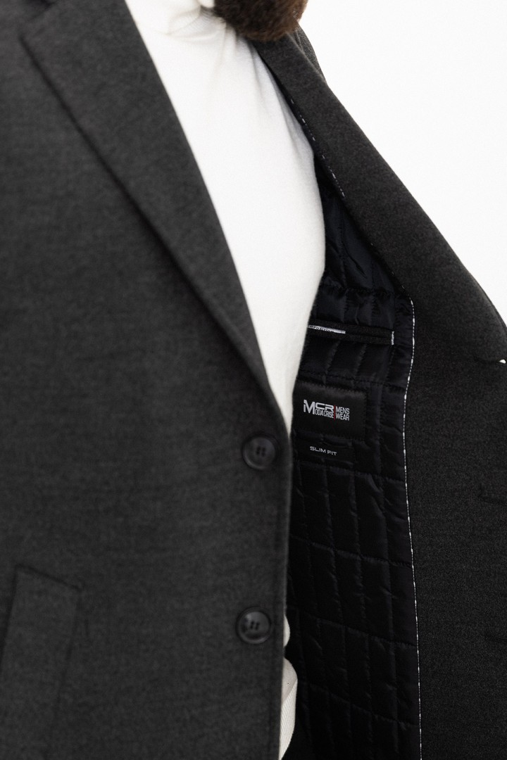 Anthracite Color Wool And Acrylic Fabric Flap Pocket Design Classic Men's Overcoat