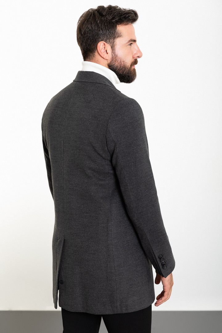 Anthracite Color Wool And Acrylic Fabric Flap Pocket Design Classic Men's Overcoat
