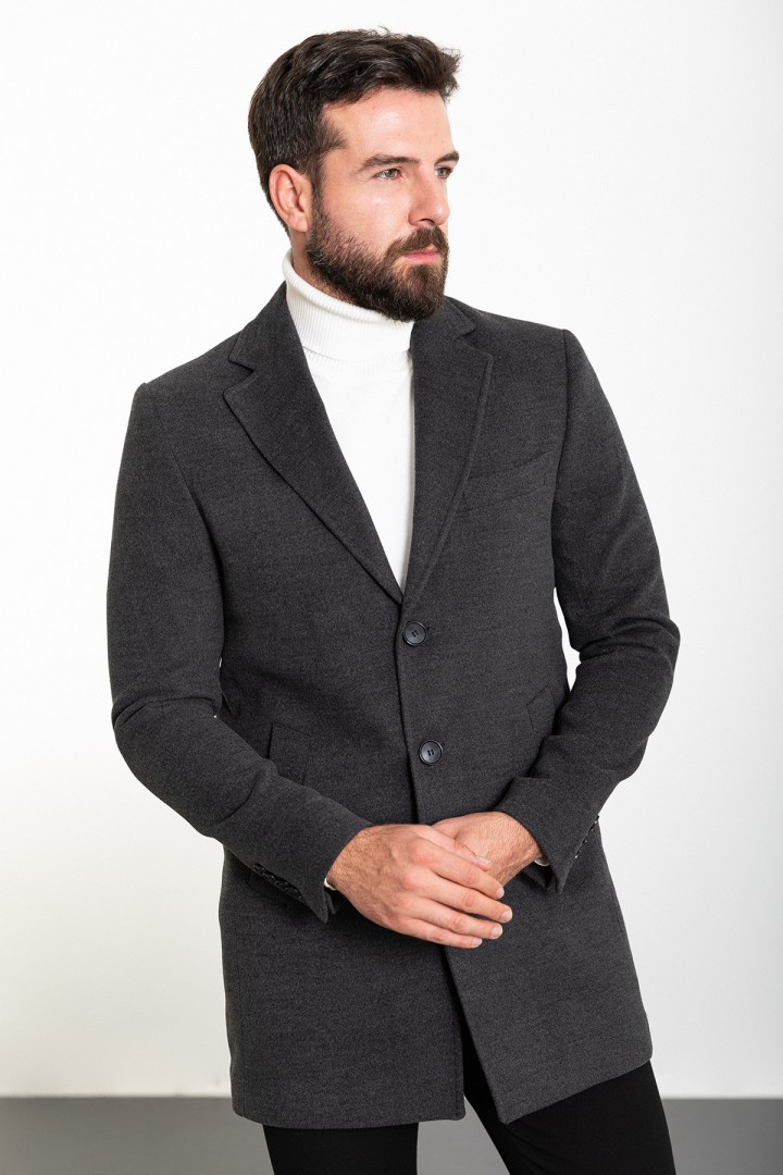 Anthracite Color Wool And Acrylic Fabric Flap Pocket Design Classic Men's Overcoat