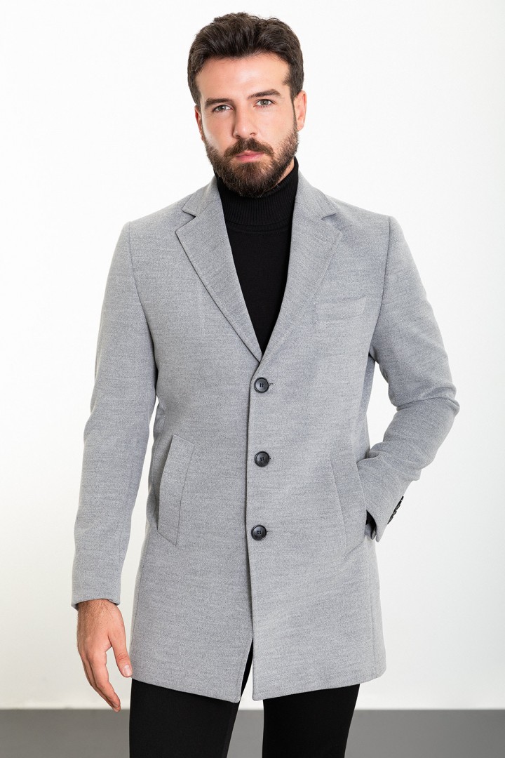 Light Grey Color Wool And Acrylic Fabric Flap Pocket Design Classic Men's Overcoat