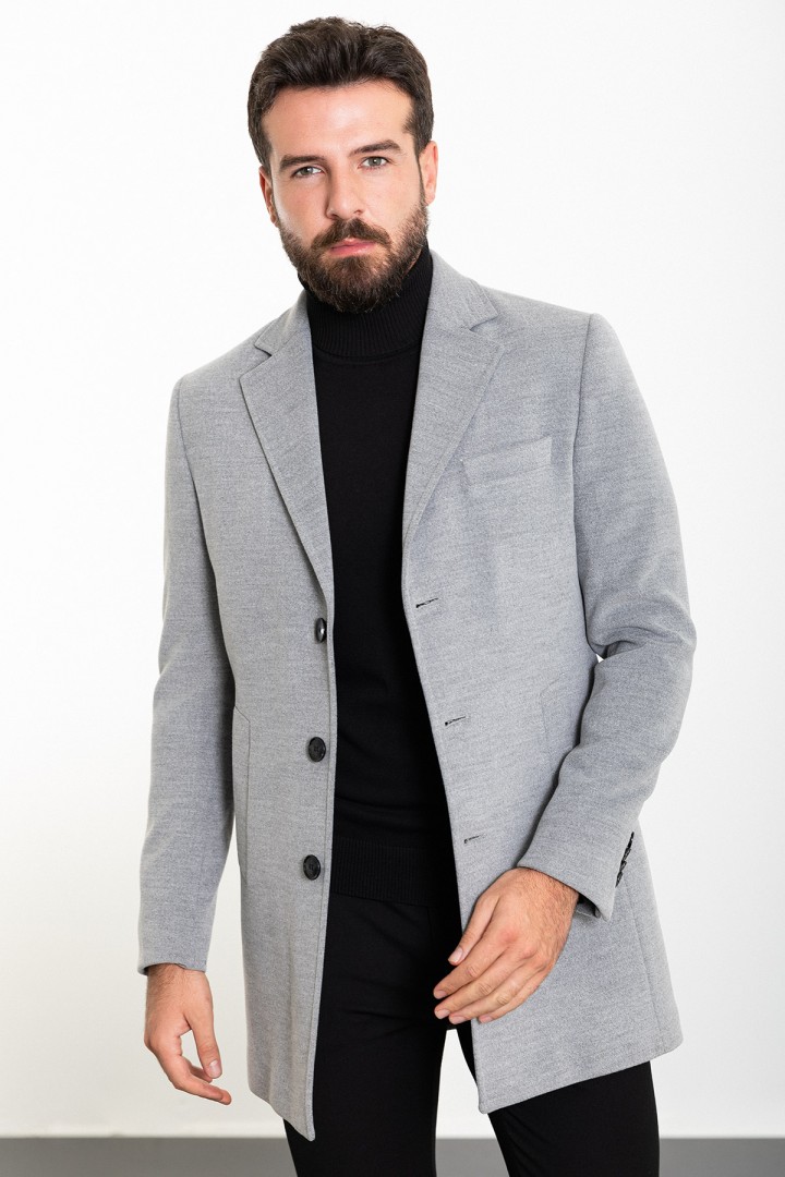 Light Grey Color Wool And Acrylic Fabric Flap Pocket Design Classic Men's Overcoat