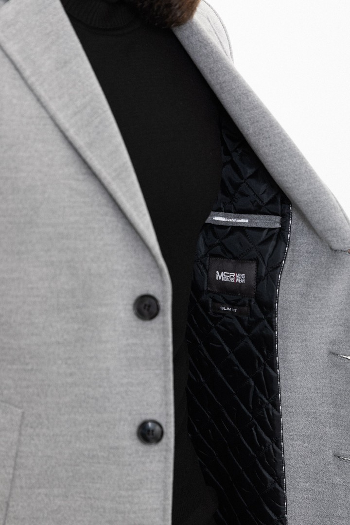Light Grey Color Wool And Acrylic Fabric Flap Pocket Design Classic Men's Overcoat