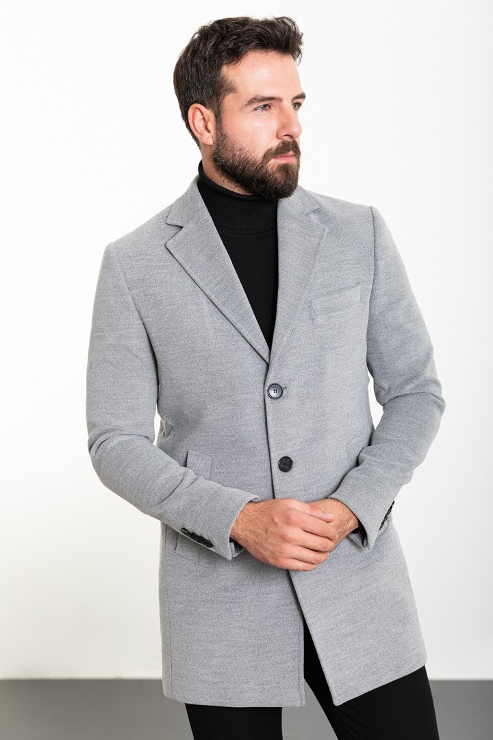 Light Grey Color Wool And Acrylic Fabric Flap Pocket Design Classic Men's Overcoat