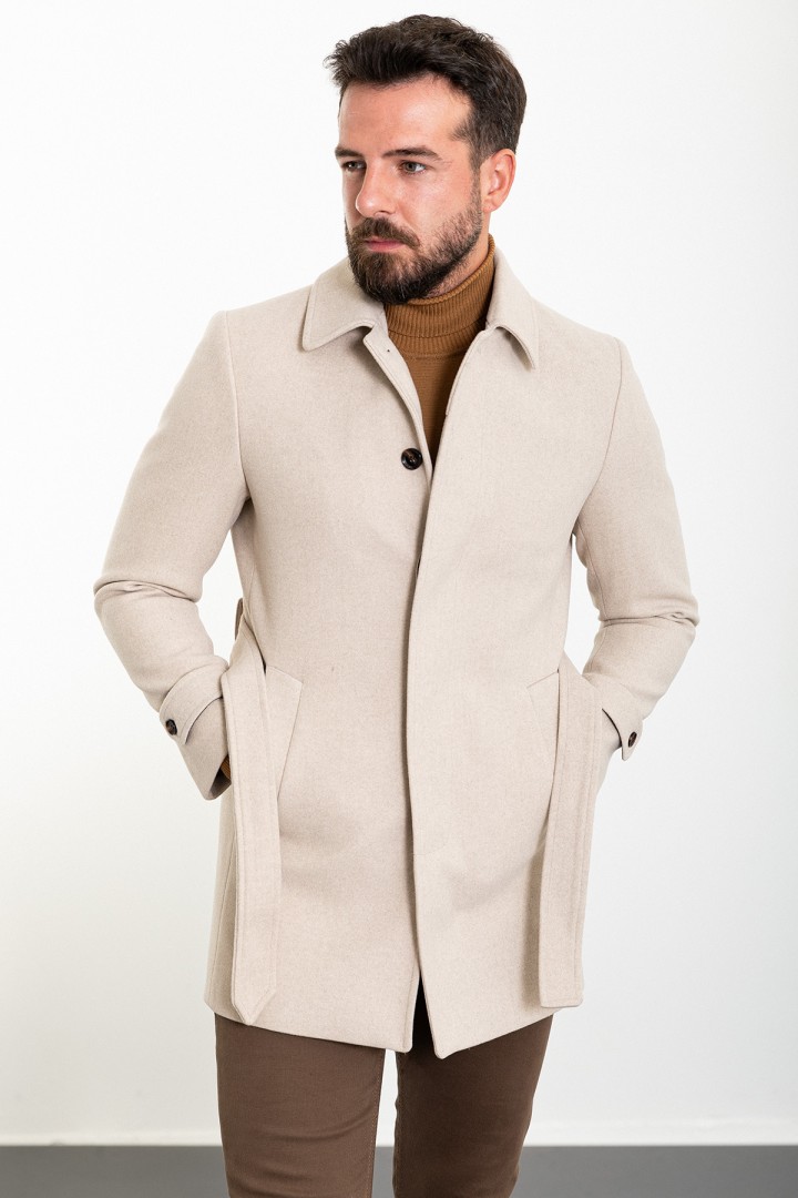 Beige Color Belted Design Casual Wool Men's Trousers
