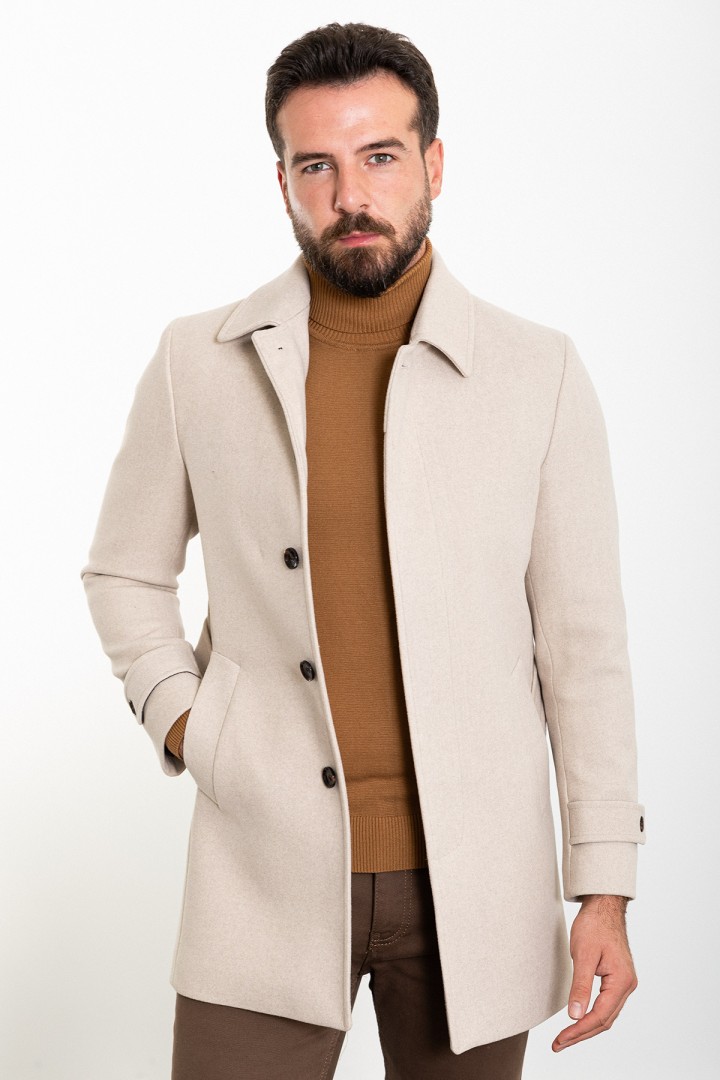 Beige Color Belted Design Casual Wool Men's Trousers