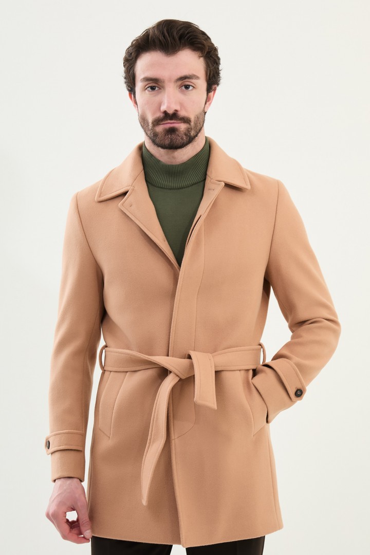 Mink Color Belted Design Casual Men's Wool Overcoat