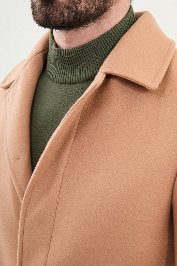 Mink Color Belted Design Casual Men's Wool Overcoat