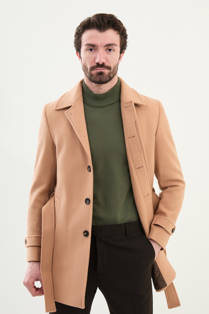 Mink Color Belted Design Casual Men's Wool Overcoat