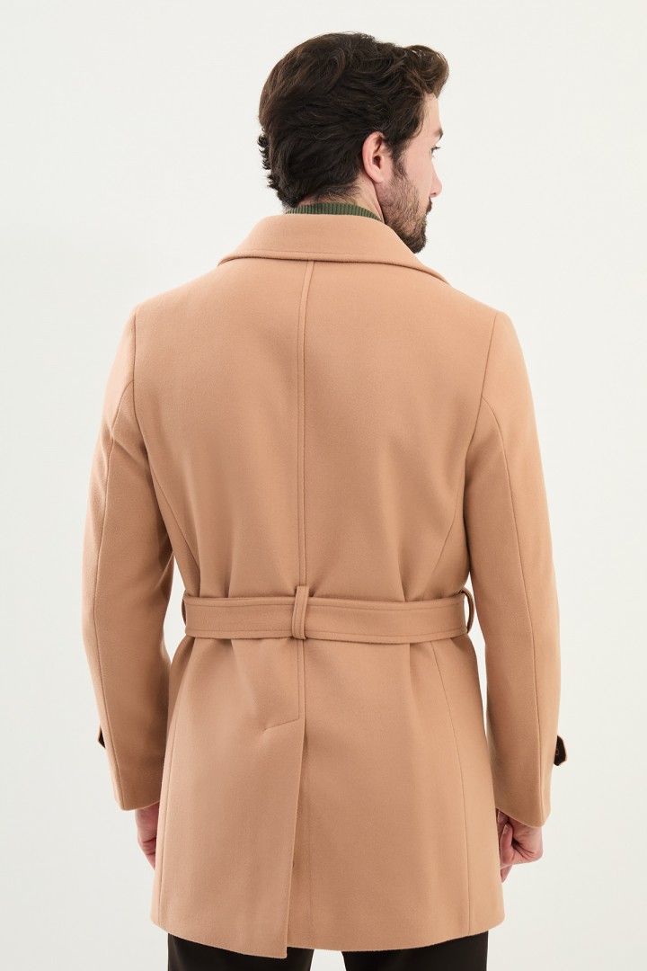 Mink Color Belted Design Casual Men's Wool Overcoat