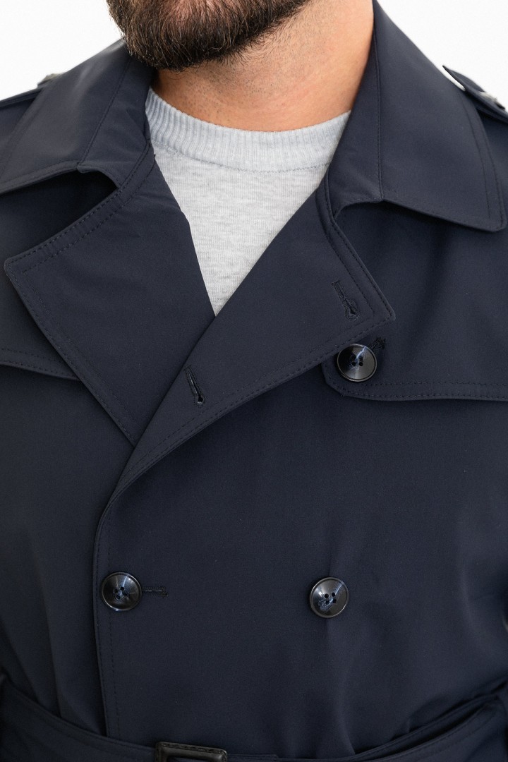 Dark Blue Color Double Breasted And Belted Design Casual Men's Trench Coat