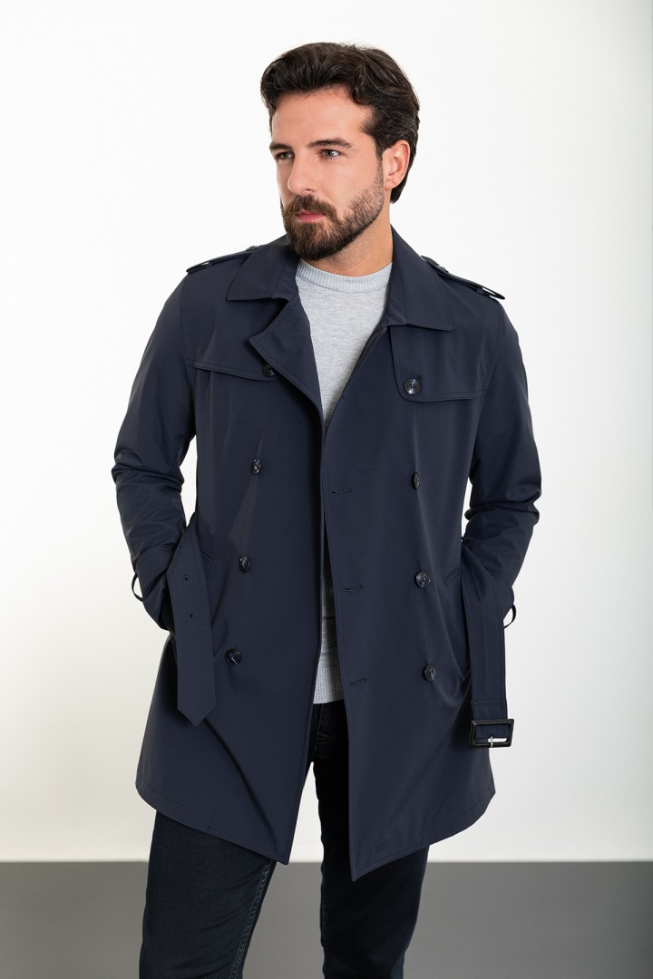Dark Blue Color Double Breasted And Belted Design Casual Men's Trench Coat